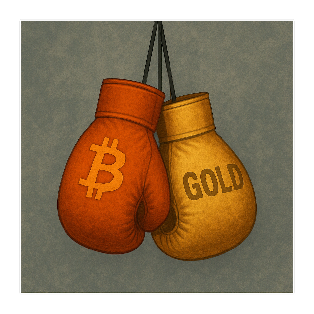 Gold and Bitcoin symbols on boxing gloves fighting 2025 inflation